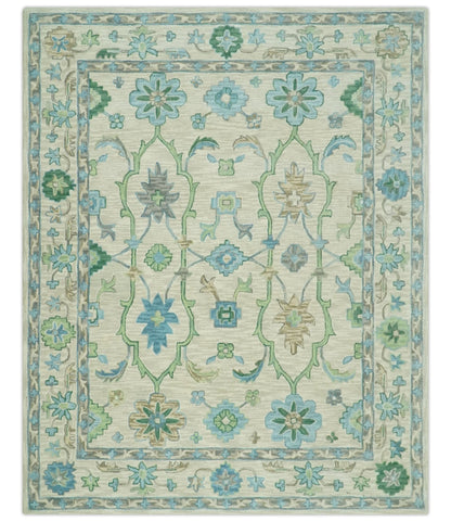 Floral Beige, Gray, Blue and Green Oriental Oushak Hand Tufted Custom Made wool Area rug.