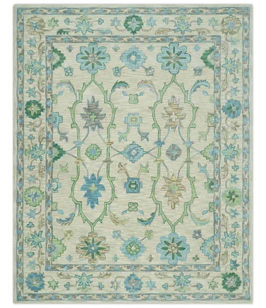 Floral Beige, Gray, Blue and Green Oriental Oushak Hand Tufted Custom Made wool Area rug.
