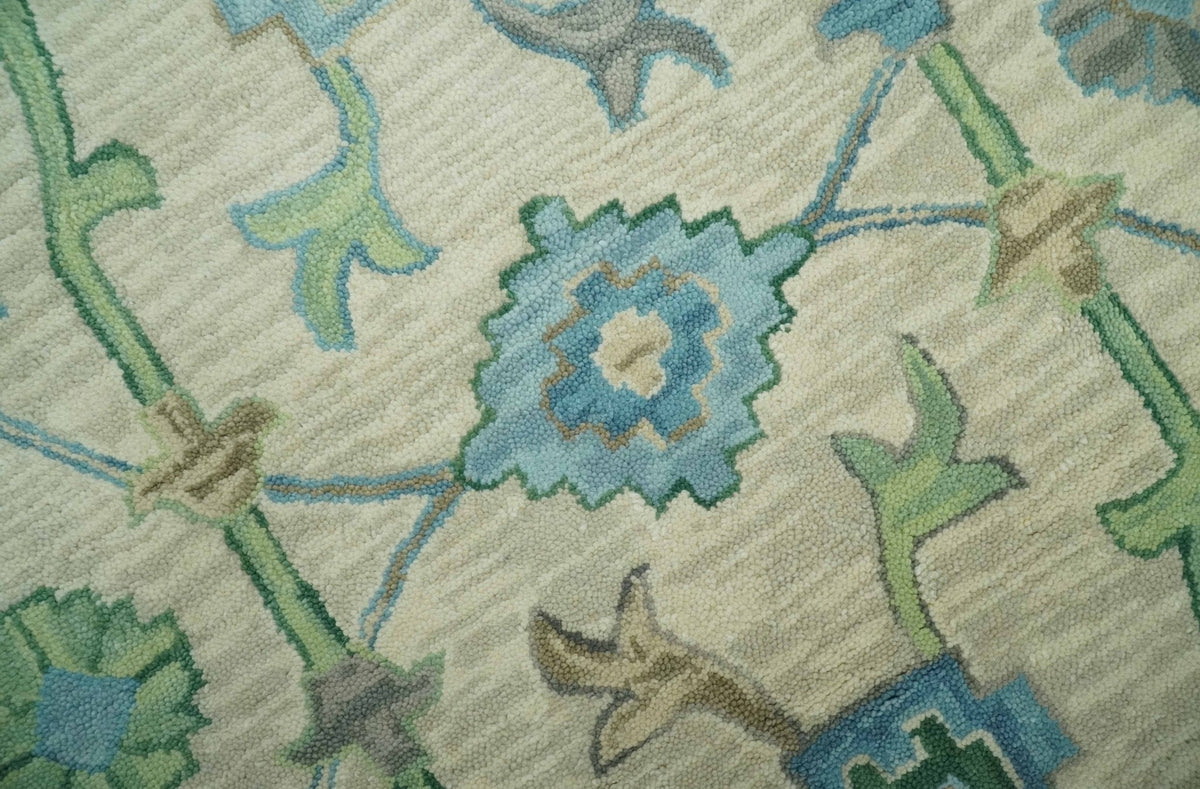 Floral Beige, Gray, Blue and Green Oriental Oushak Hand Tufted Custom Made wool Area rug.