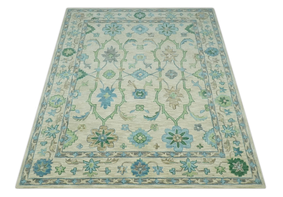 Floral Beige, Gray, Blue and Green Oriental Oushak Hand Tufted Custom Made wool Area rug.