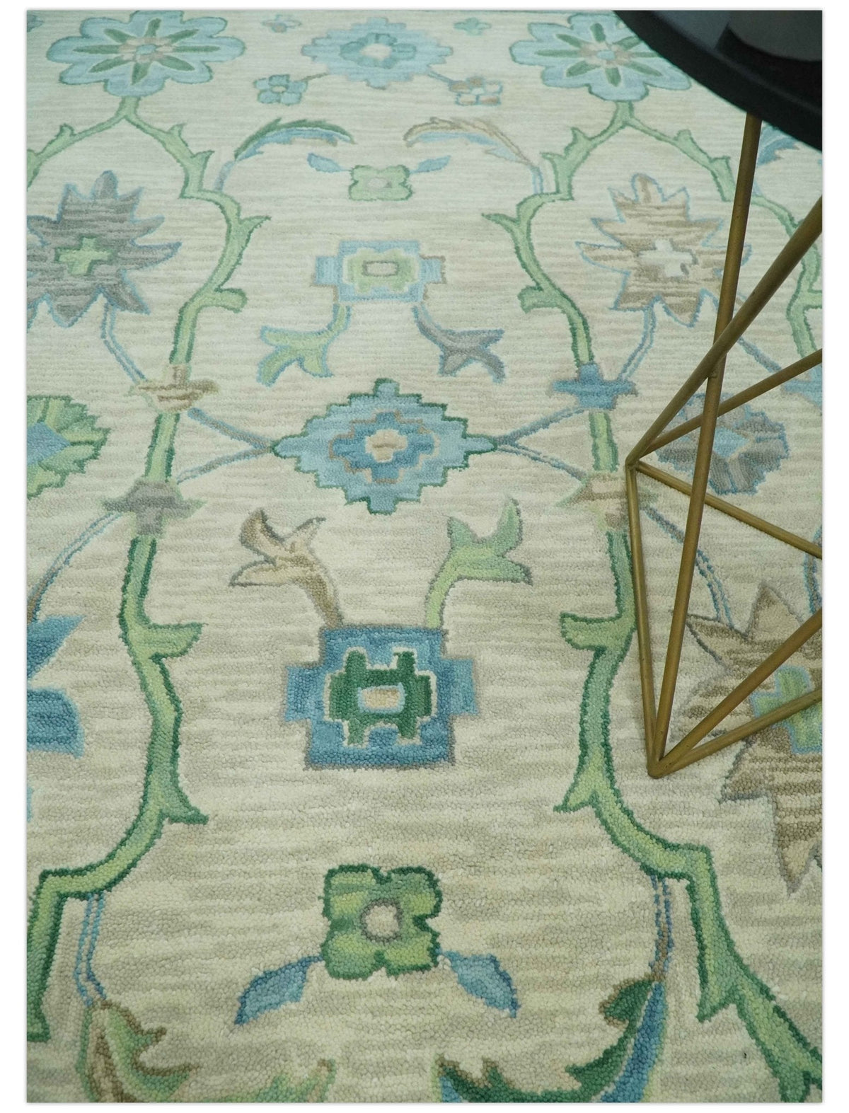 Floral Beige, Gray, Blue and Green Oriental Oushak Hand Tufted Custom Made wool Area rug.