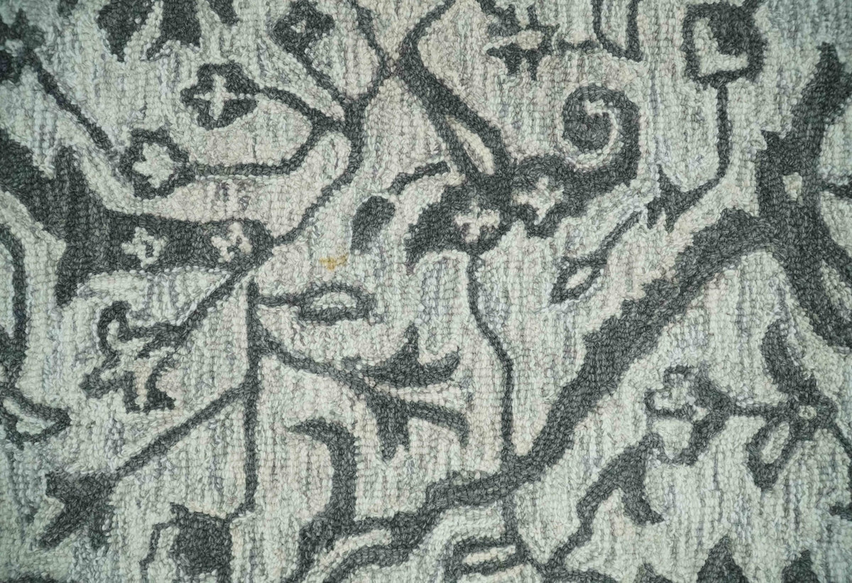 Modern Floral Ivory and Charcoal Hand Woven Area Wool Rug.
