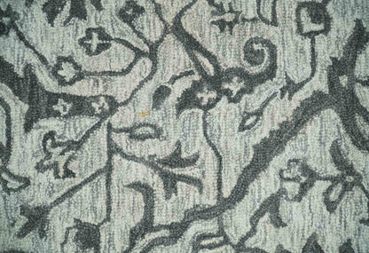 Modern Floral Ivory and Charcoal Hand Woven Area Wool Rug.
