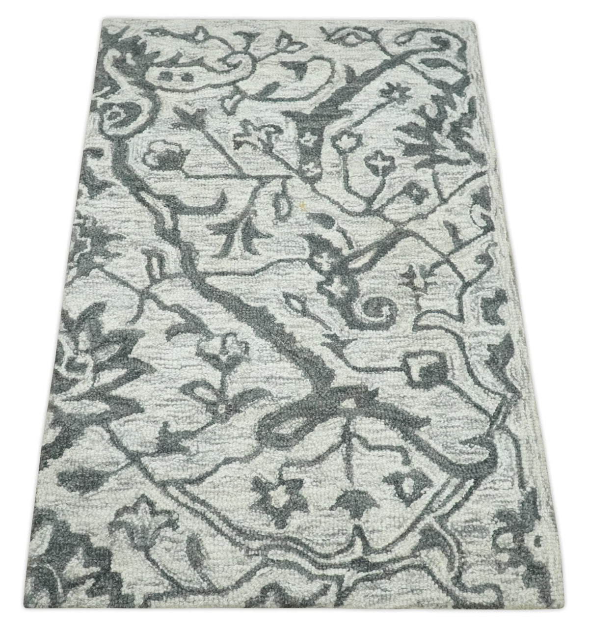 Modern Floral Ivory and Charcoal Hand Woven Area Wool Rug.