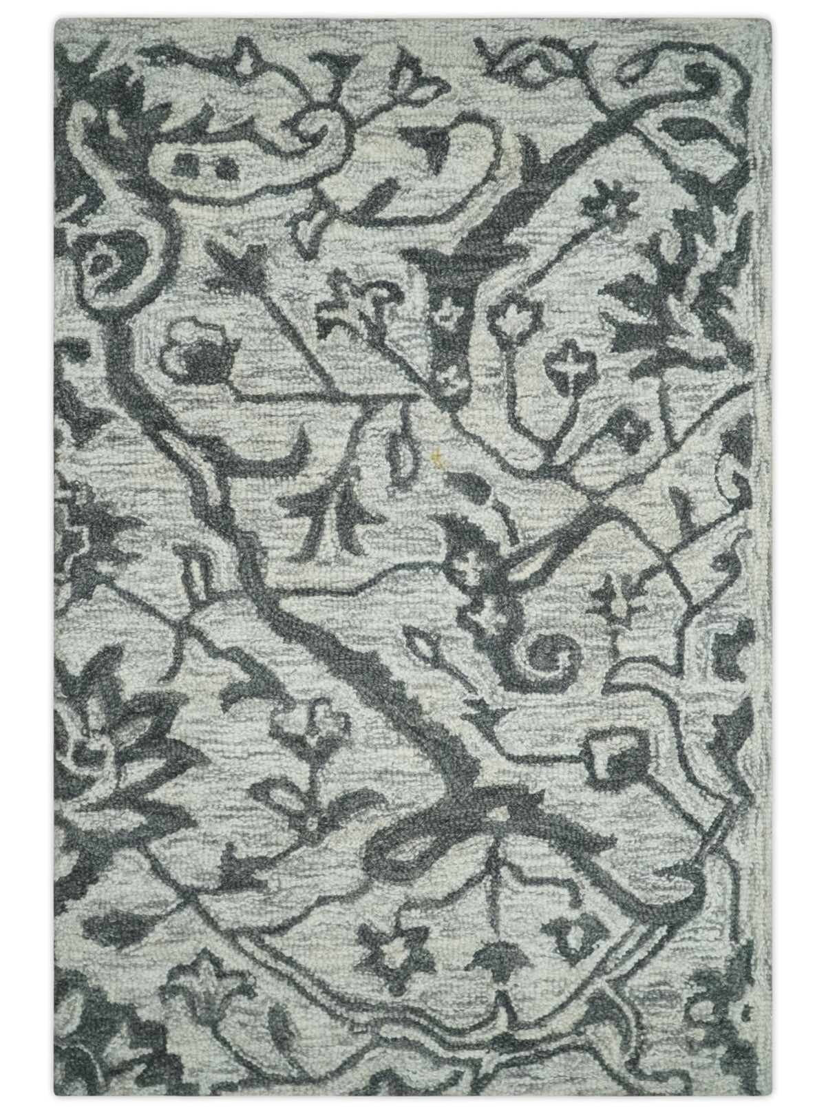 Modern Floral Ivory and Charcoal Hand Woven Area Wool Rug.
