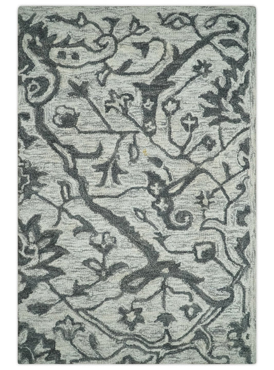 Modern Floral Ivory and Charcoal Hand Woven Area Wool Rug.