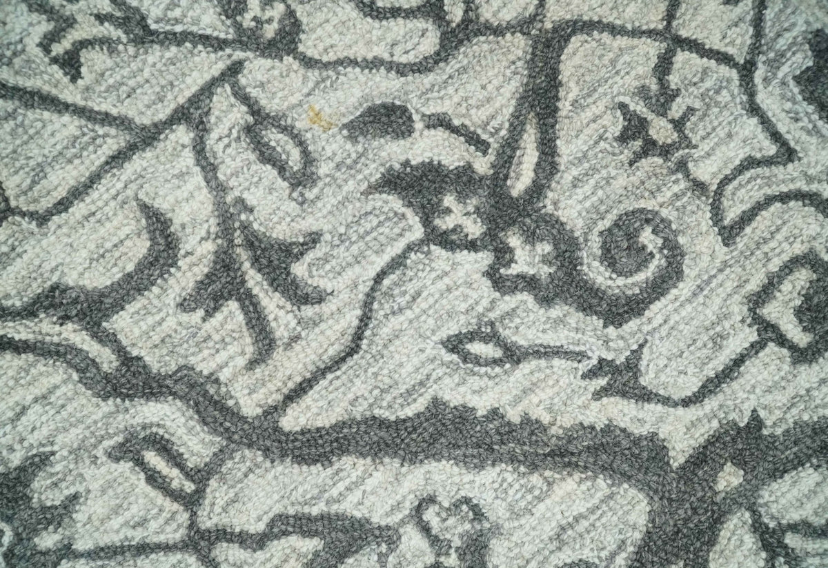 Modern Floral Ivory and Charcoal Hand Woven Area Wool Rug.