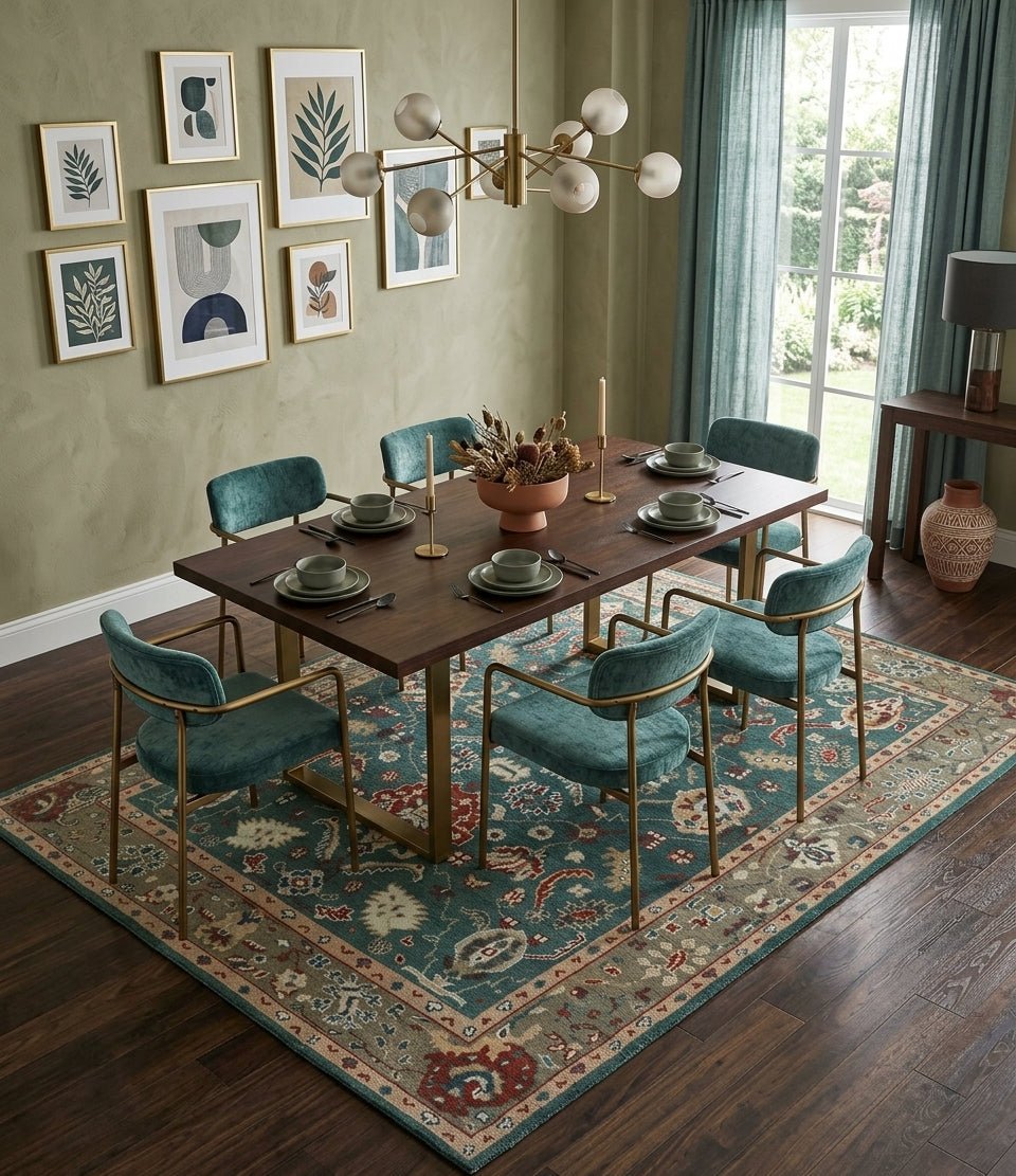 Floral Teal, Camel and Brown Hand Knotted Oriental Oushak Multi Size wool Area Rug.