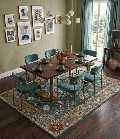 Floral Teal, Camel and Brown Hand Knotted Oriental Oushak Multi Size wool Area Rug.