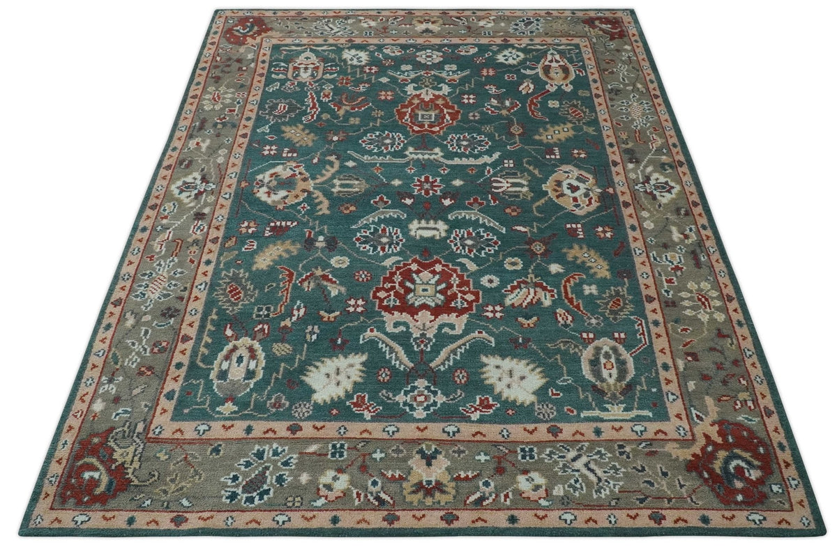 Floral Teal, Camel and Brown Hand Knotted Oriental Oushak Multi Size wool Area Rug.