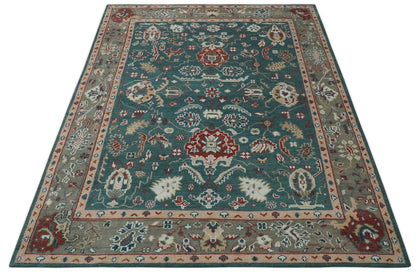 Floral Teal, Camel and Brown Hand Knotted Oriental Oushak Multi Size wool Area Rug.