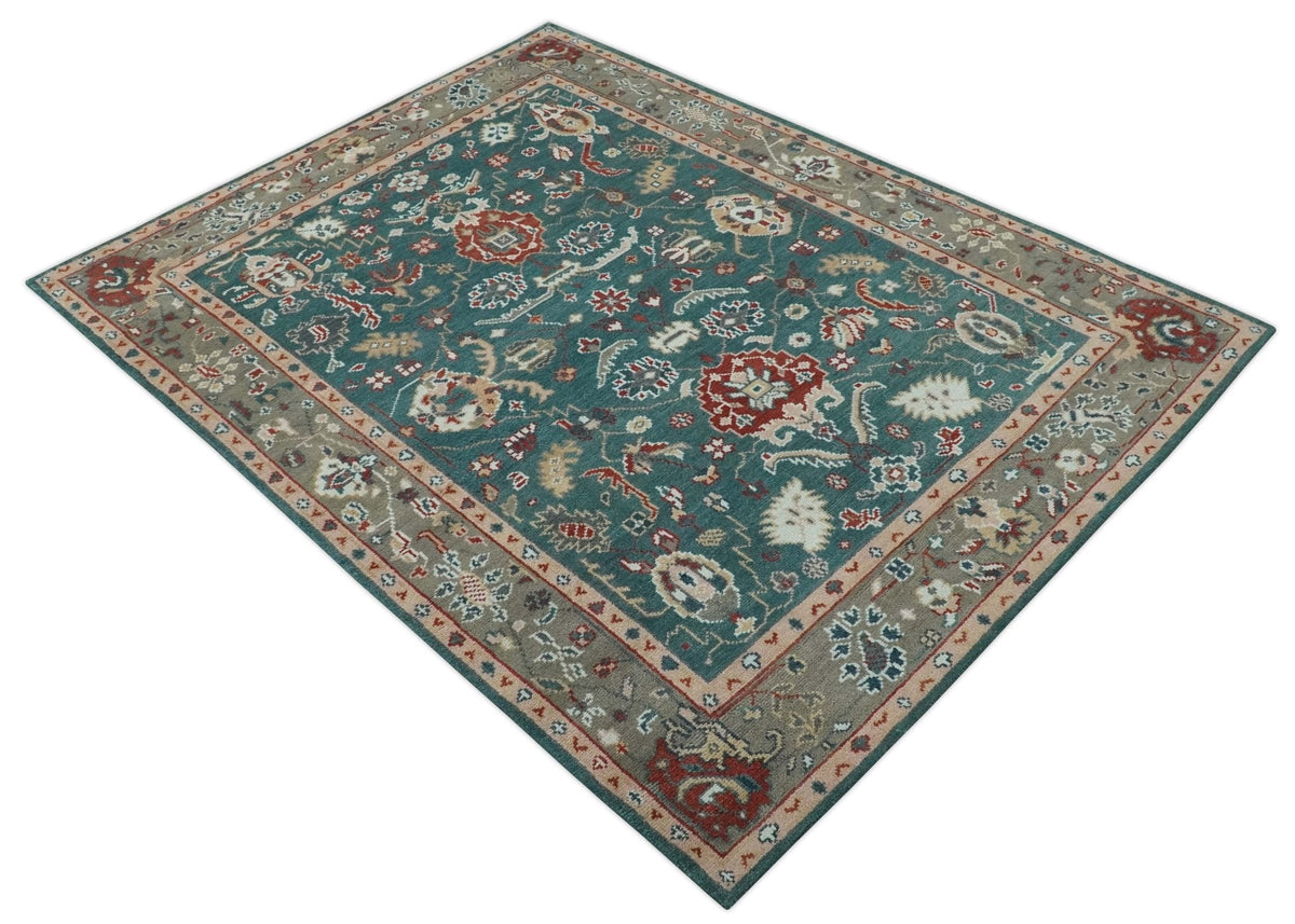 Floral Teal, Camel and Brown Hand Knotted Oriental Oushak Multi Size wool Area Rug.