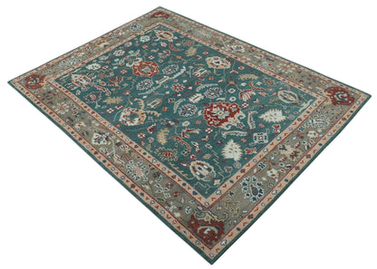 Floral Teal, Camel and Brown Hand Knotted Oriental Oushak Multi Size wool Area Rug.