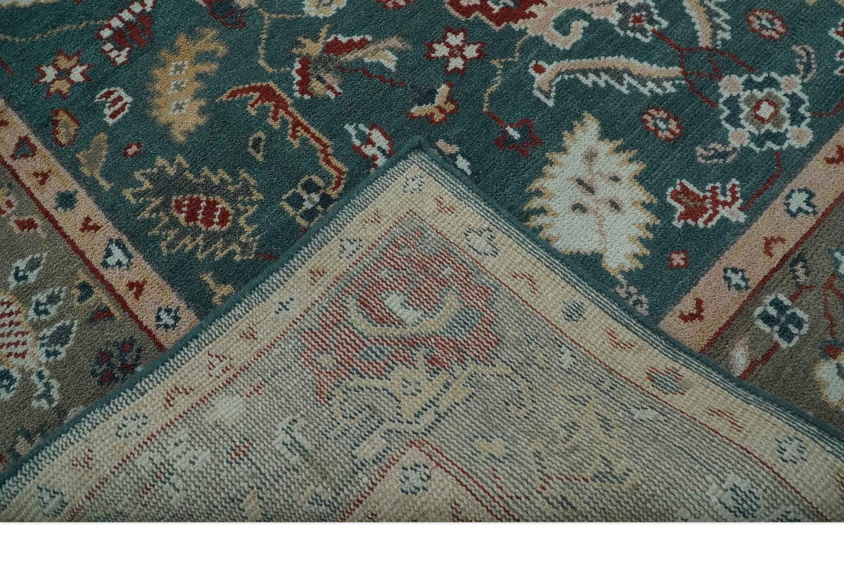 Floral Teal, Camel and Brown Hand Knotted Oriental Oushak Multi Size wool Area Rug.