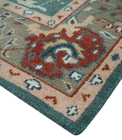 Floral Teal, Camel and Brown Hand Knotted Oriental Oushak Multi Size wool Area Rug.