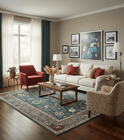 Floral Teal, Camel and Brown Hand Knotted Oriental Oushak Multi Size wool Area Rug.