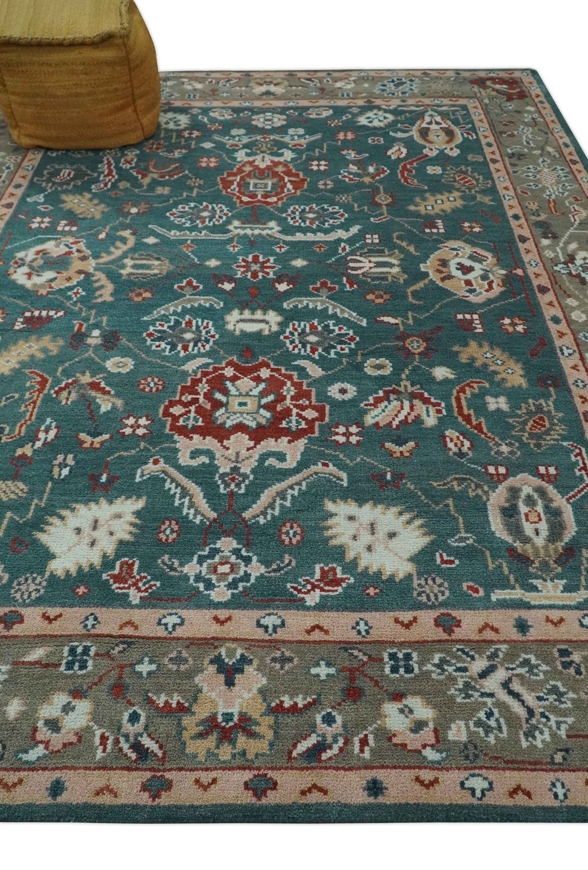 Floral Teal, Camel and Brown Hand Knotted Oriental Oushak Multi Size wool Area Rug.