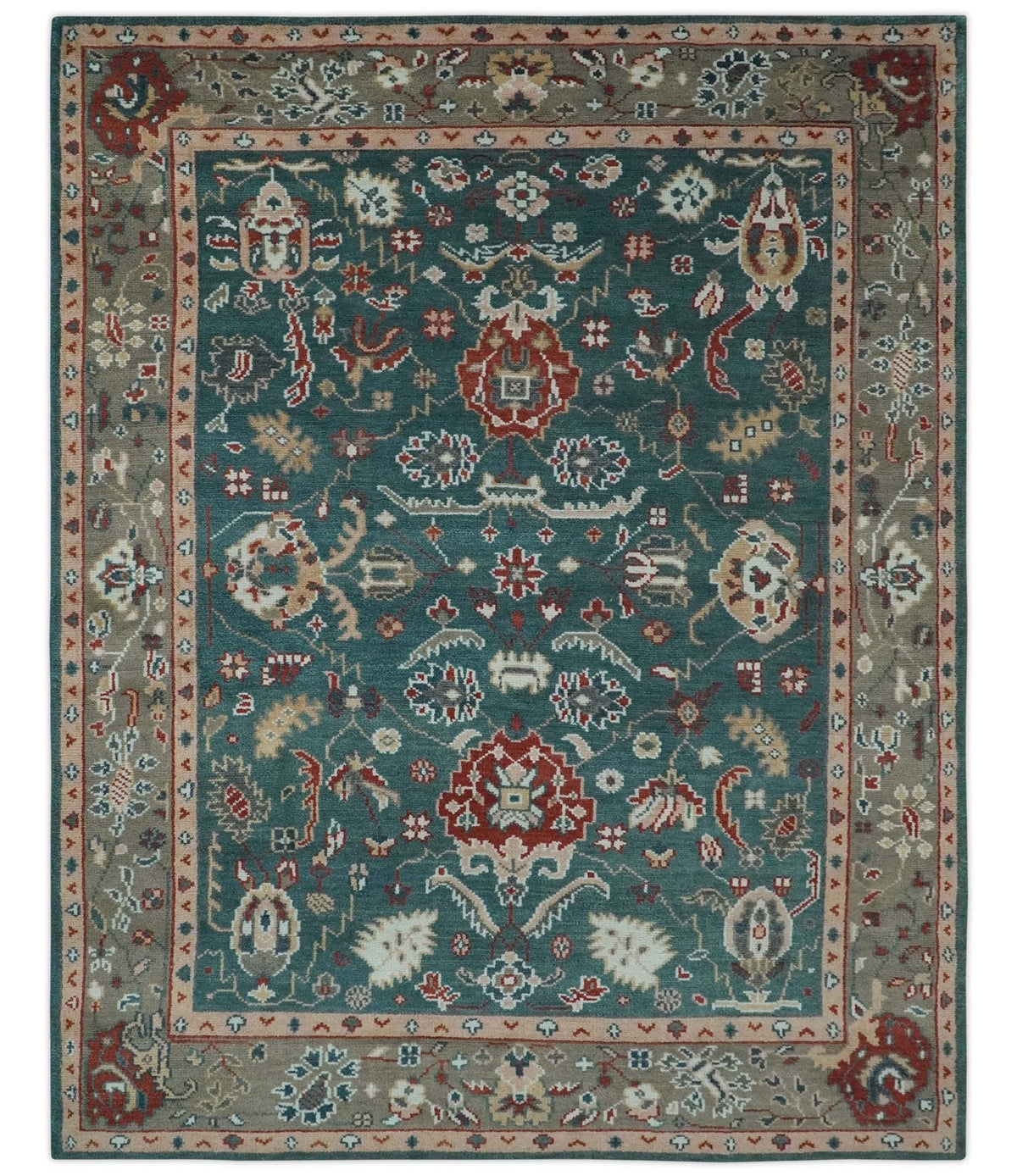 Floral Teal, Camel and Brown Hand Knotted Oriental Oushak Multi Size wool Area Rug.