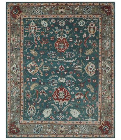 Floral Teal, Camel and Brown Hand Knotted Oriental Oushak Multi Size wool Area Rug.