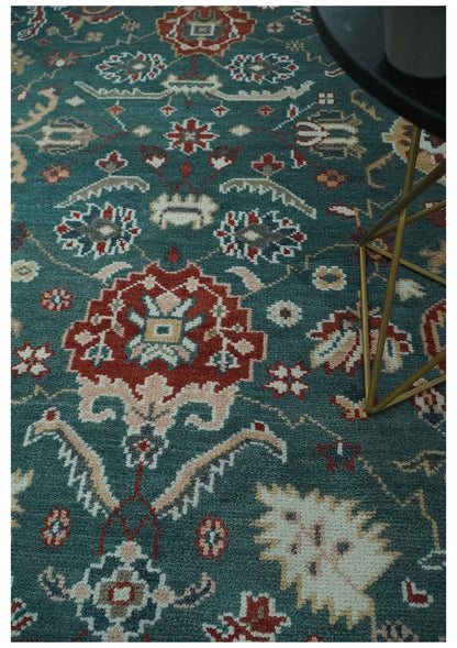 Floral Teal, Camel and Brown Hand Knotted Oriental Oushak Multi Size wool Area Rug.