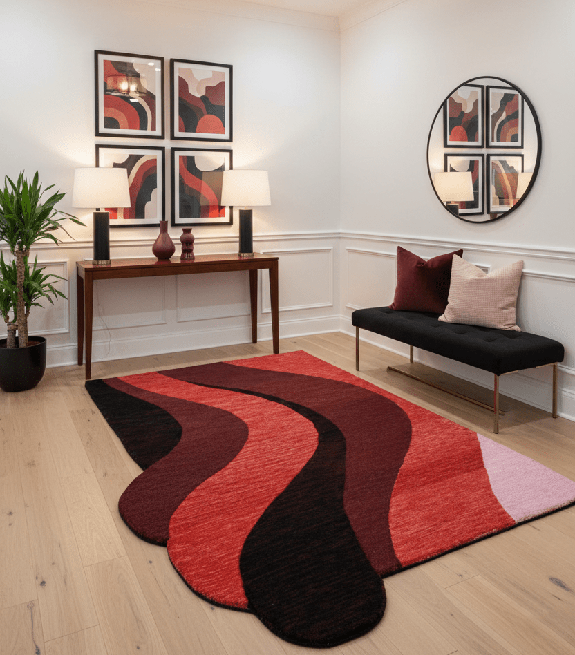 Flow Modern Abstract Red And Maroon Hand Tufted 5x8 Wool Rug.