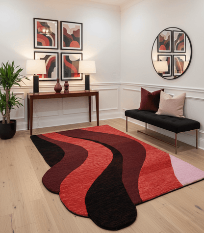 Flow Modern Abstract Red And Maroon Hand Tufted 5x8 Wool Rug.