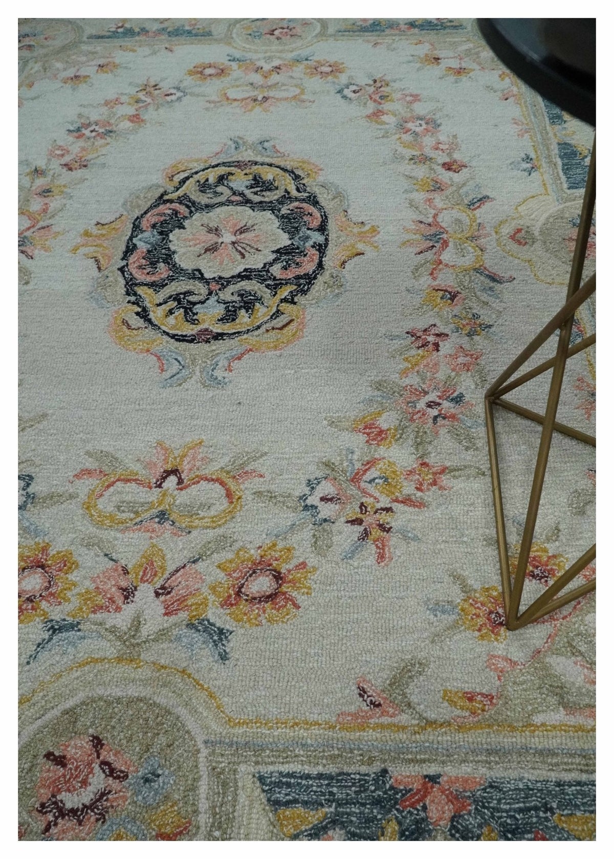French Design Aubusson Custom Made Ivory, Light Green and Charcoal Hand Tufted wool Area Rug.