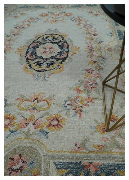 French Design Aubusson Custom Made Ivory, Light Green and Charcoal Hand Tufted wool Area Rug.