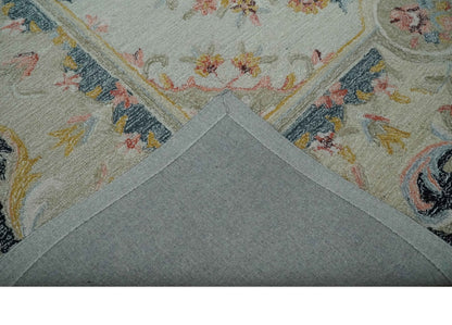 French Design Aubusson Custom Made Ivory, Light Green and Charcoal Hand Tufted wool Area Rug.