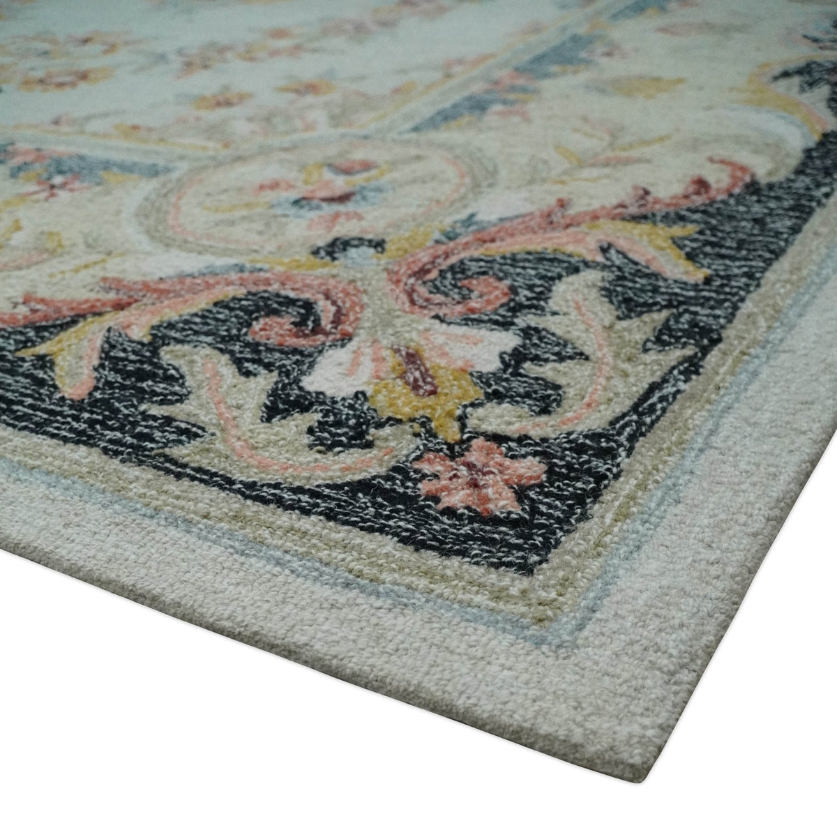 French Design Aubusson Custom Made Ivory, Light Green and Charcoal Hand Tufted wool Area Rug.