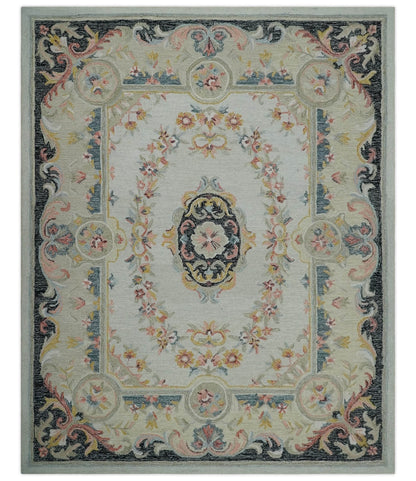 French Design Aubusson Custom Made Ivory, Light Green and Charcoal Hand Tufted wool Area Rug.