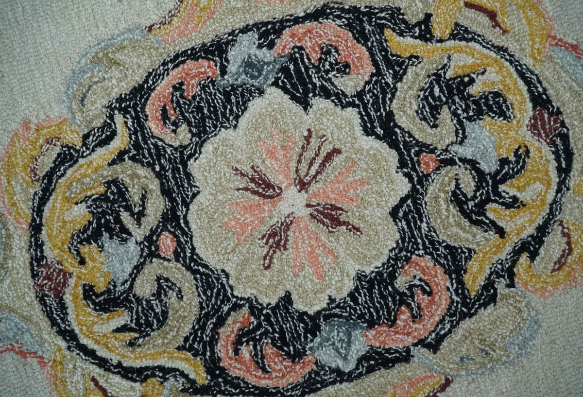 French Design Aubusson Custom Made Ivory, Light Green and Charcoal Hand Tufted wool Area Rug.
