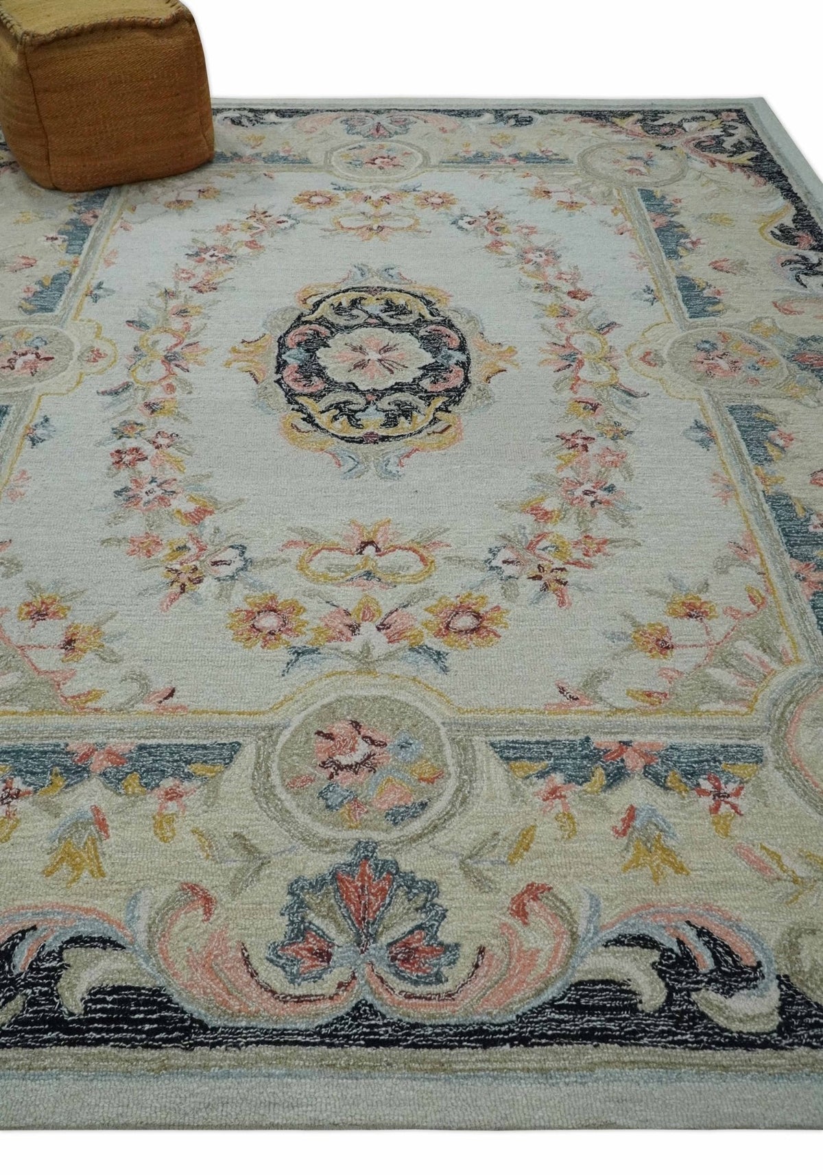 French Design Aubusson Custom Made Ivory, Light Green and Charcoal Hand Tufted wool Area Rug.