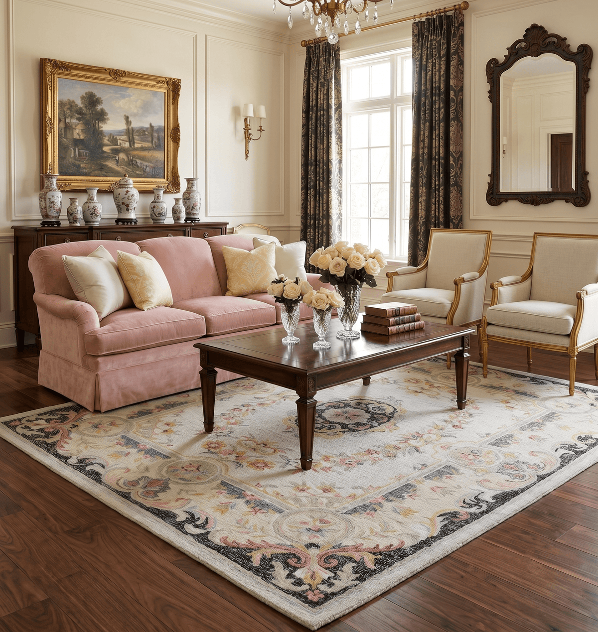 French Design Aubusson Custom Made Ivory, Light Green and Charcoal Hand Tufted wool Area Rug.