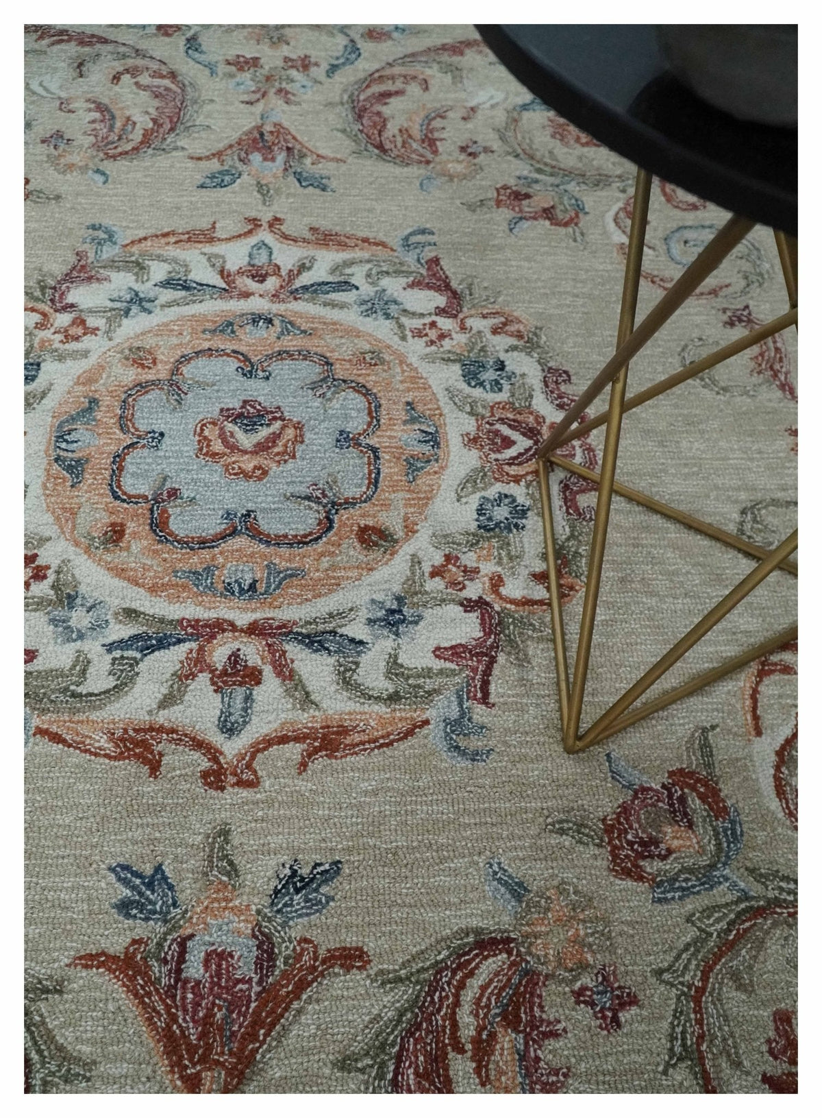 French Inspired Aubusson design Custom Made Beige, Brown and Blue Hand Tufted wool Area Rug.