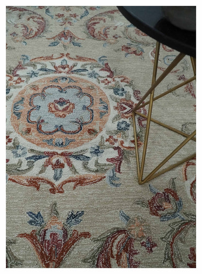 French Inspired Aubusson design Custom Made Beige, Brown and Blue Hand Tufted wool Area Rug.
