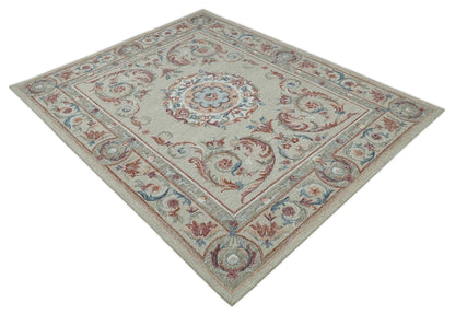 French Inspired Aubusson design Custom Made Beige, Brown and Blue Hand Tufted wool Area Rug.
