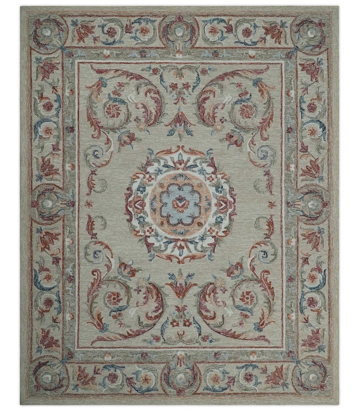 French Inspired Aubusson design Custom Made Beige, Brown and Blue Hand Tufted wool Area Rug.