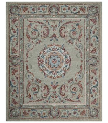 French Inspired Aubusson design Custom Made Beige, Brown and Blue Hand Tufted wool Area Rug.