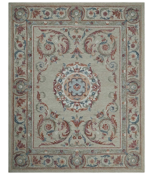 French Inspired Aubusson design Custom Made Beige, Brown and Blue Hand Tufted wool Area Rug.
