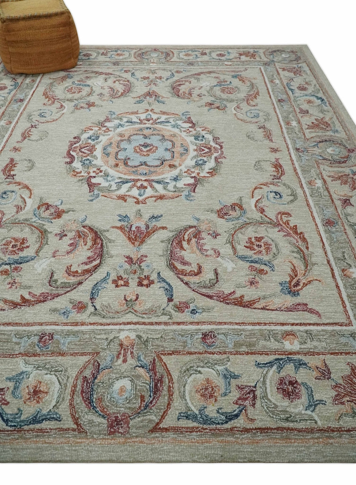 French Inspired Aubusson design Custom Made Beige, Brown and Blue Hand Tufted wool Area Rug.