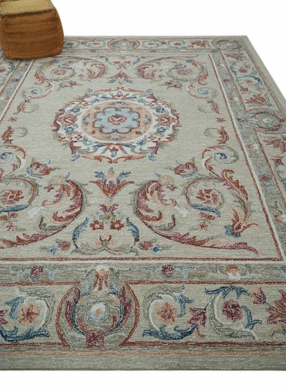 French Inspired Aubusson design Custom Made Beige, Brown and Blue Hand Tufted wool Area Rug.
