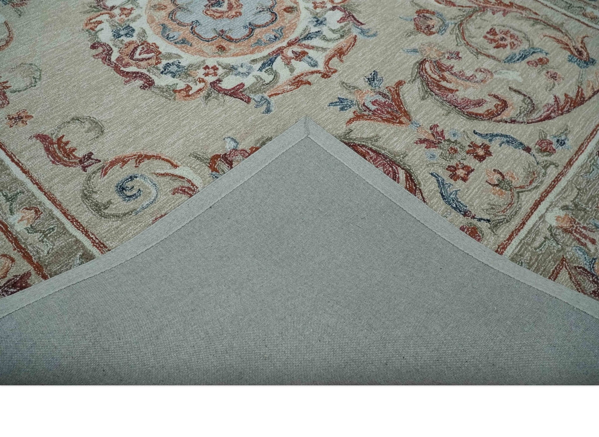 French Inspired Aubusson design Custom Made Beige, Brown and Blue Hand Tufted wool Area Rug.