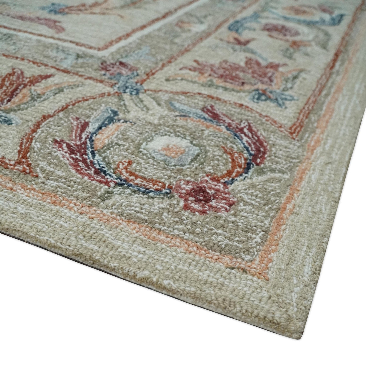 French Inspired Aubusson design Custom Made Beige, Brown and Blue Hand Tufted wool Area Rug.
