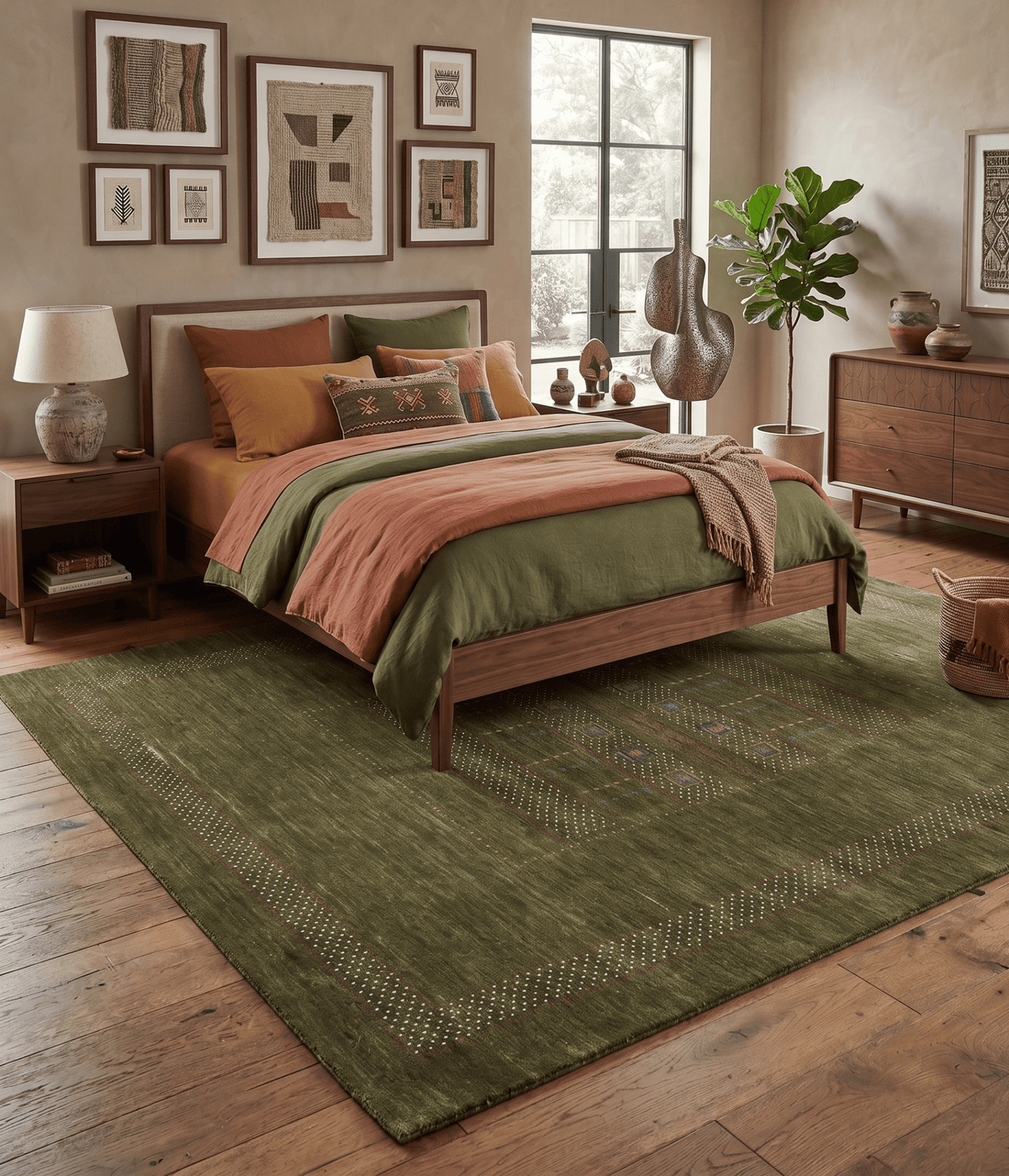 Gabbeh Design Hand Loomed Green Wool Area Rug.