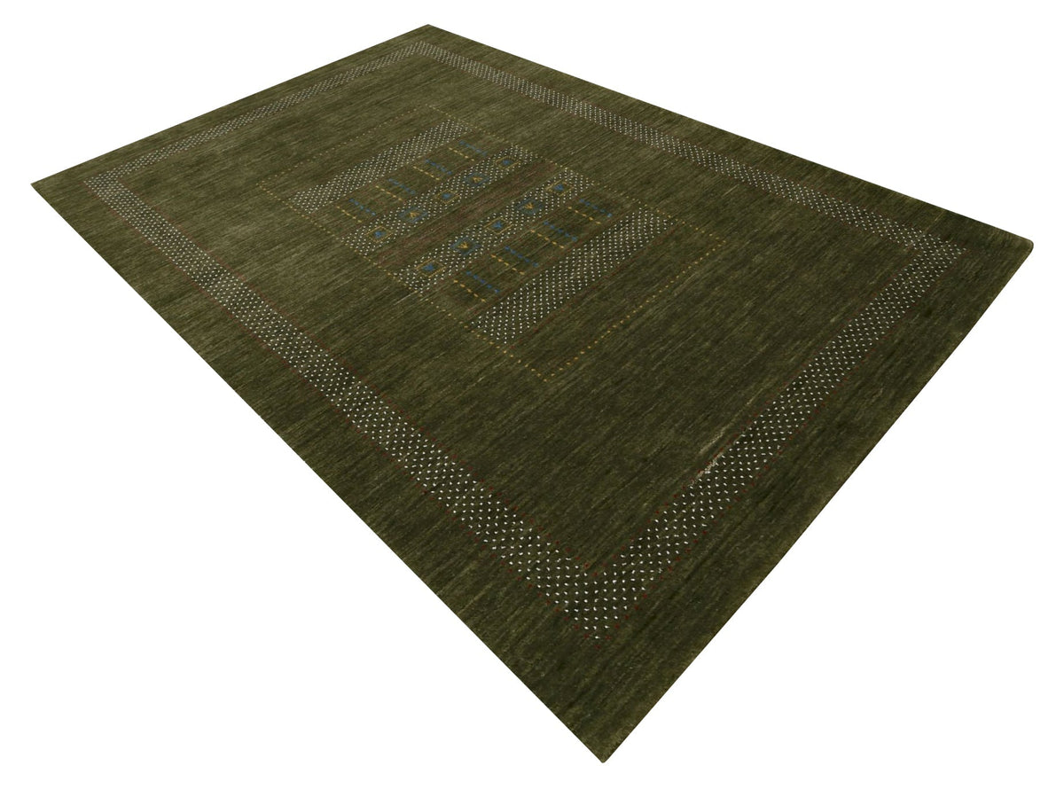 Gabbeh Design Hand Loomed Green Wool Area Rug.