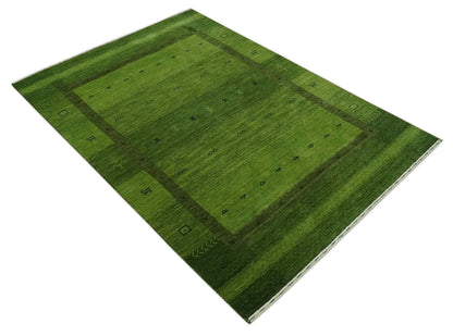 Geometrical Stripes Design Green Hand loom Multi Size wool Area Rug.