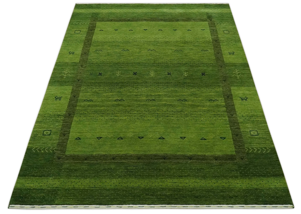 Geometrical Stripes Design Green Hand loom Multi Size wool Area Rug.