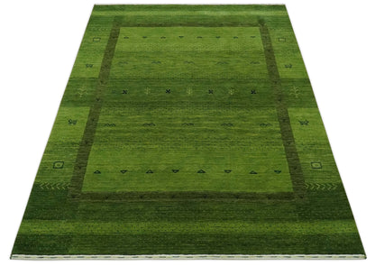 Geometrical Stripes Design Green Hand loom Multi Size wool Area Rug.
