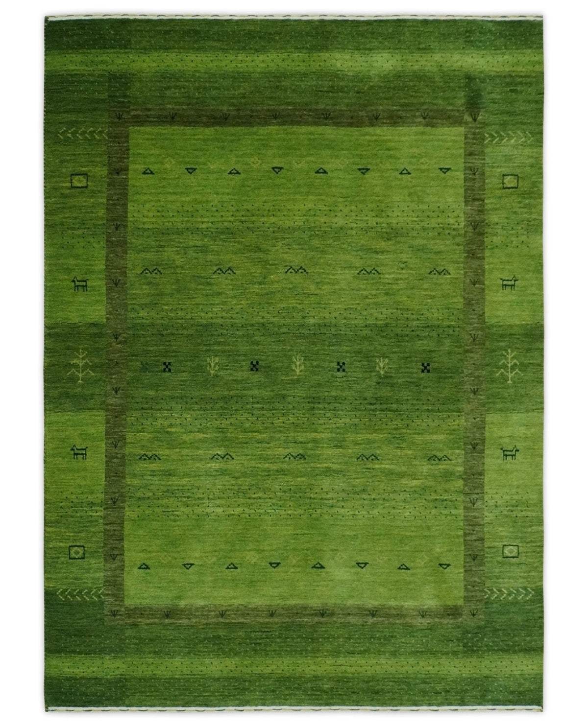 Geometrical Stripes Design Green Hand loom Multi Size wool Area Rug.